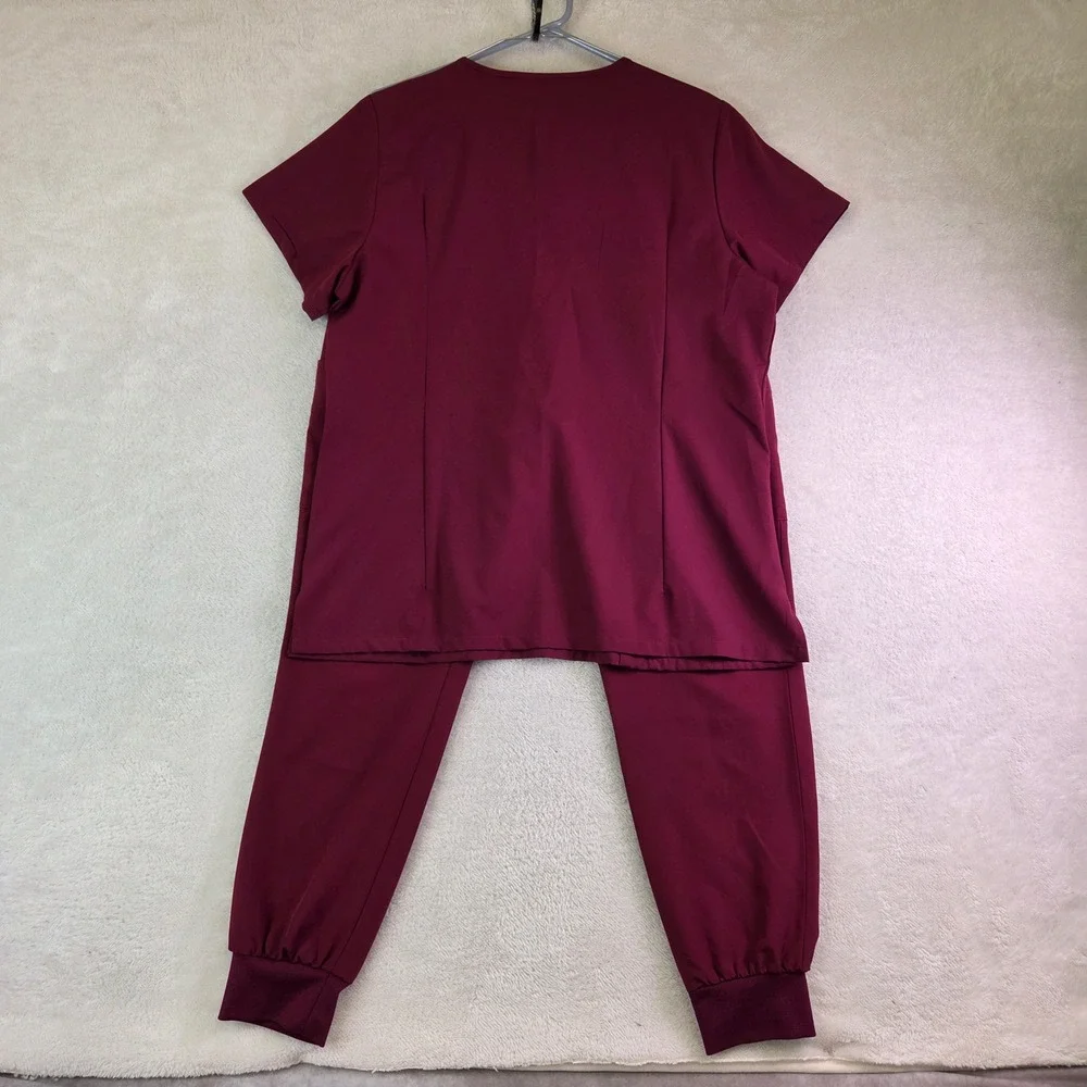 Bhu Flex Womens Burgundy Scrub Set V-Neck Top Jogger Pants Wine Large